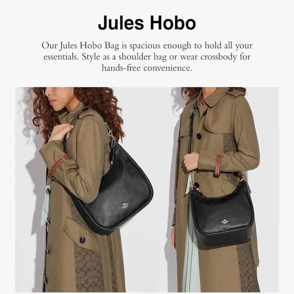 New Coach Black Jules Leather Hobo Bag with Gold Accents